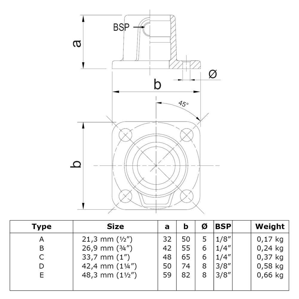 Buiskoppeling Vierkante voetplaat met doorloop - zwart-D / 42,4 mm